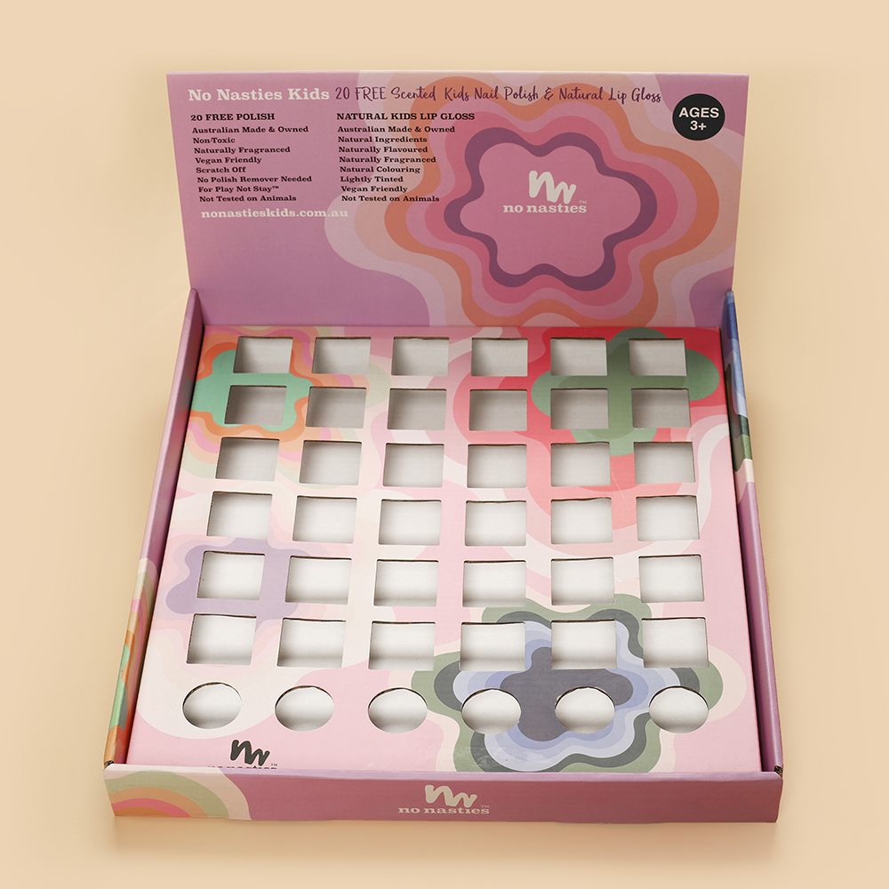 Corrugated display box with die-cut holes insert